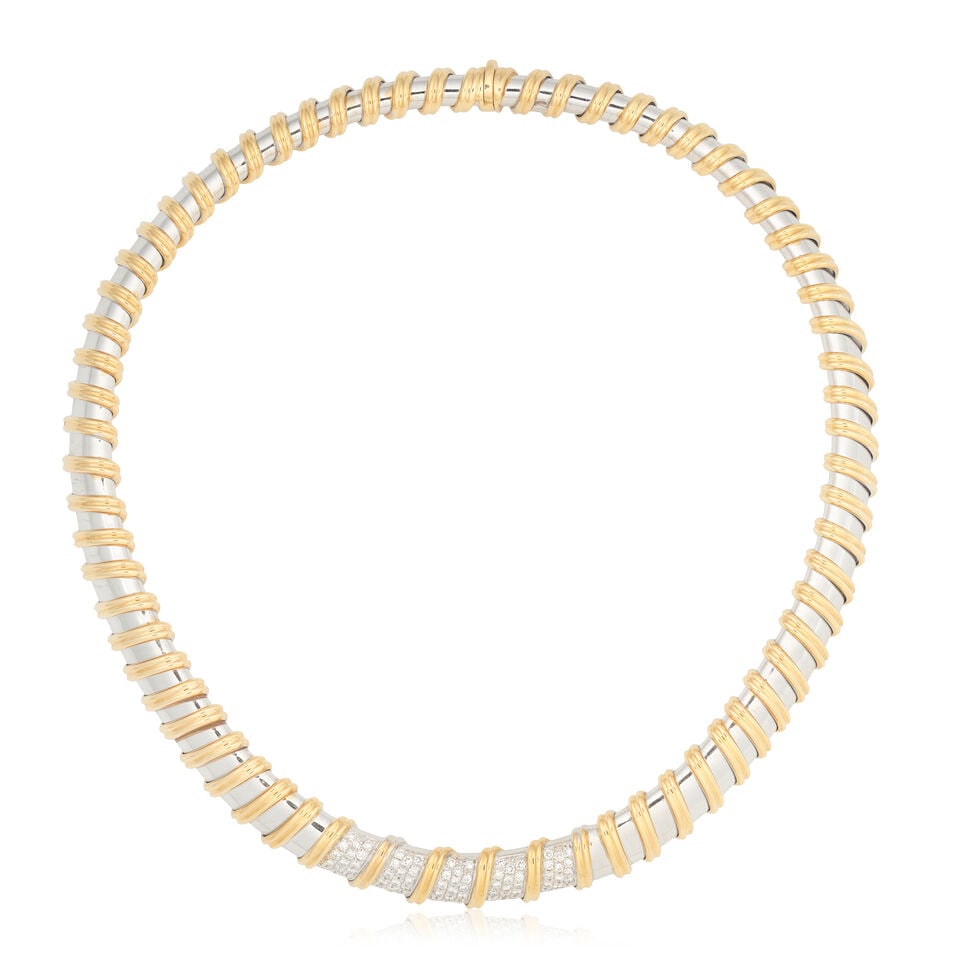 DIAMOND-SET COLLAR NECKLACE, CIRCA 1998: DIAMOND-SET COLLAR NECKLACE, CIRCA 1998 Brilliant-cut diamonds approx. 3.40cts total 18 carat gold UK import mark, Convention mark Inner circumference approx. 39.0cm Weight approx.