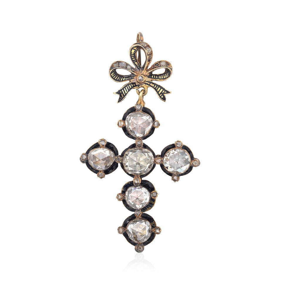 DIAMOND AND ENAMEL PENDANT, LATE 19TH CENTURY: DIAMOND AND ENAMEL PENDANT, LATE 19TH CENTURY Of cruciform design, set with rose-cut diamonds, beneath a rose-cut diamond ribbon surmount, accented with black enamel, two rose-cut diamonds deficient,