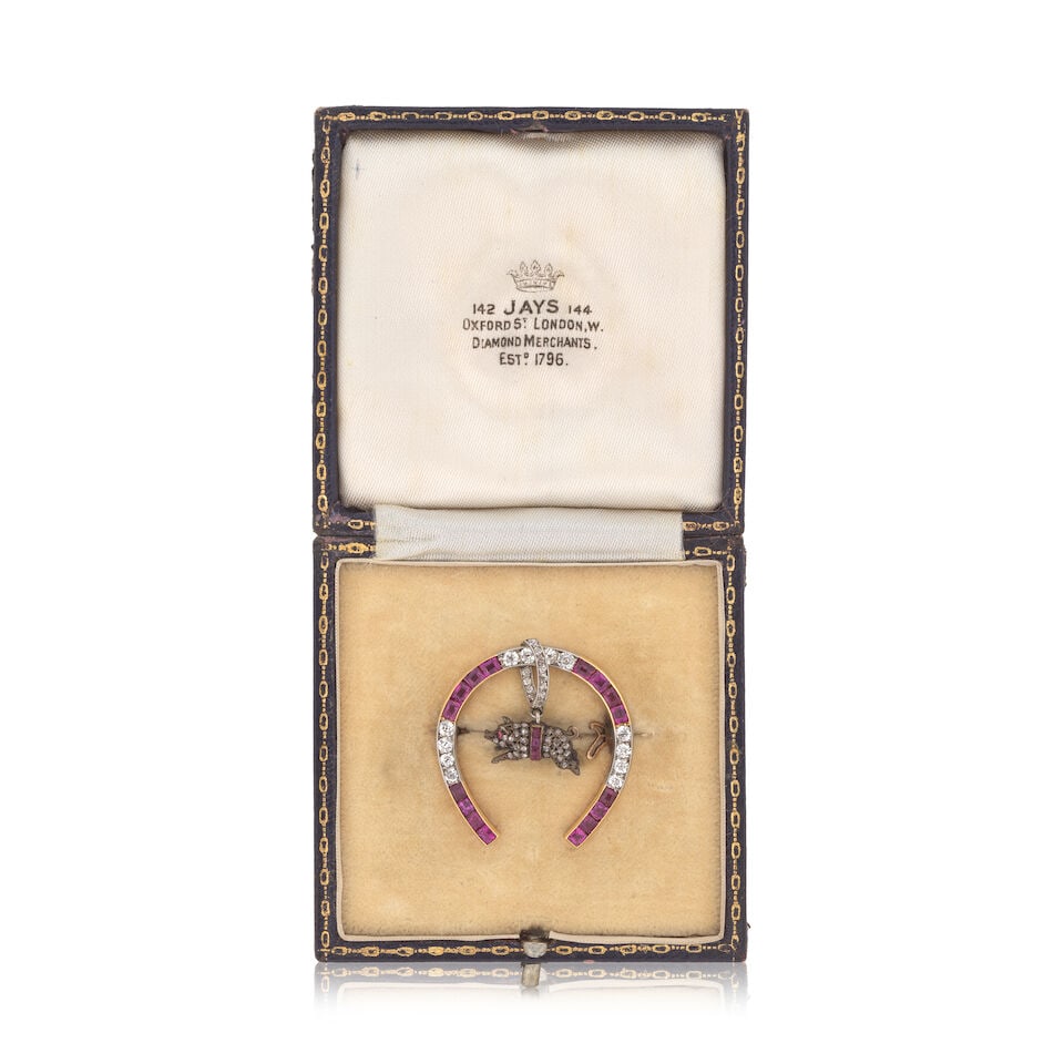 DIAMOND AND RUBY-SET PIG AND HORSESHOE BROOCH, CIRCA 1900 - 2