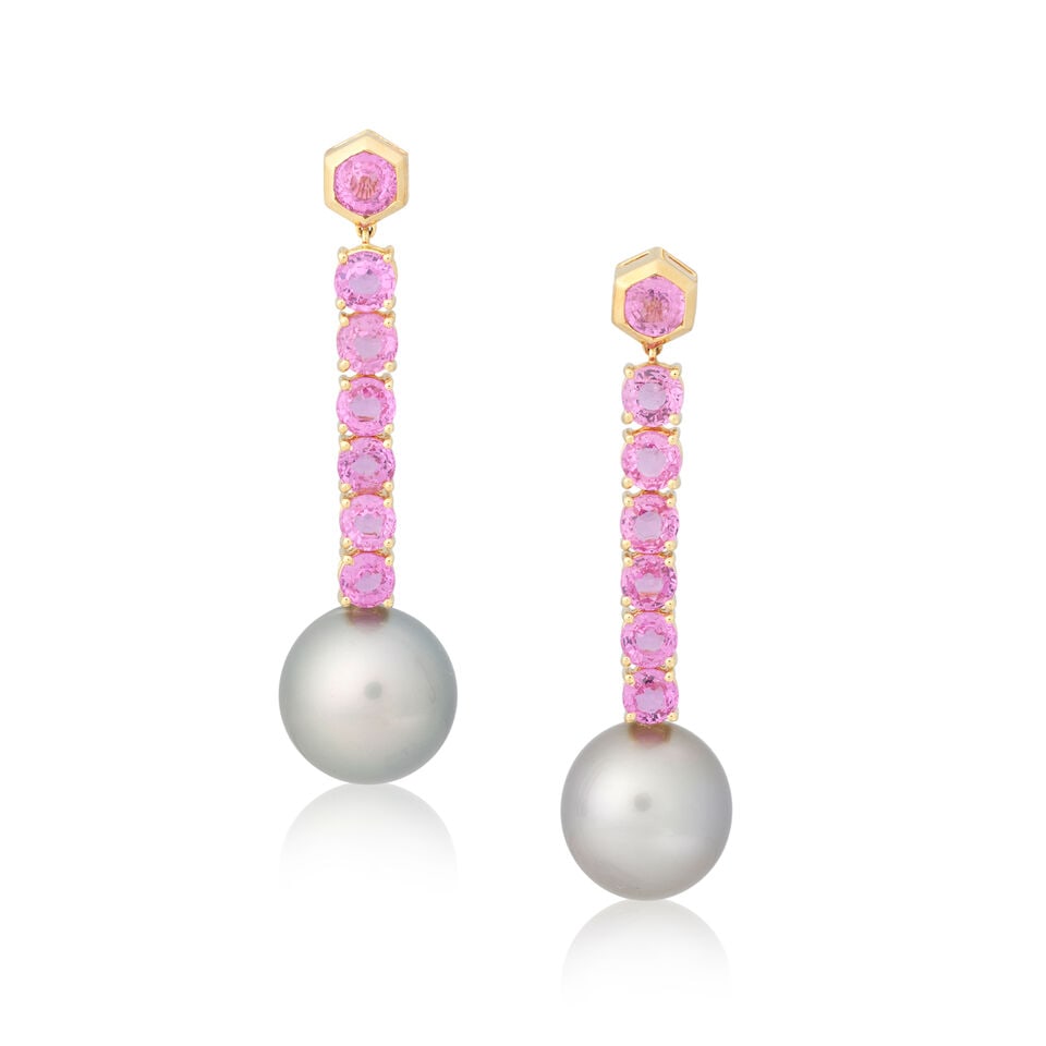 TRIO: PINK SAPPHIRE AND CULTURED PEARL PENDENT EARRINGS: TRIO: PINK SAPPHIRE AND CULTURED PEARL PENDENT EARRINGS Circular and hexagonal-cut pink sapphires Cultured pearls Signed Trio Length 4.5cm Weight approx. 17.0g Footnotes: OVERALL CONDITION Negligible