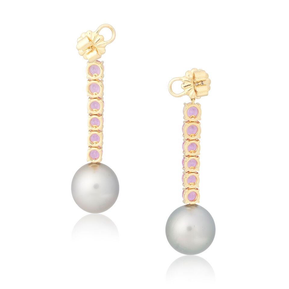 TRIO: PINK SAPPHIRE AND CULTURED PEARL PENDENT EARRINGS - 2