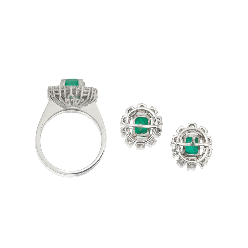 EMERALD AND DIAMOND CLUSTER RING AND EARRINGS - 2