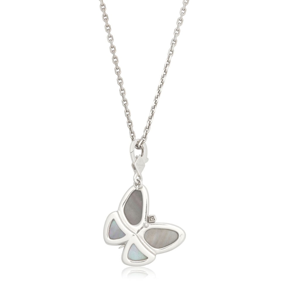 VAN CLEEF & ARPELS: MOTHER-OF-PEARL AND DIAMOND BUTTERFLY PENDANT - 2