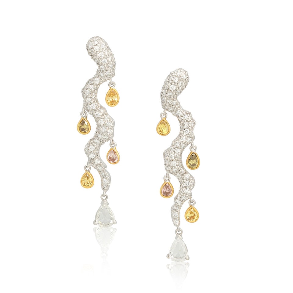 TRIO: DIAMOND AND COLOURED DIAMOND PENDENT EARRINGS: TRIO: DIAMOND AND COLOURED DIAMOND PENDENT EARRINGS Of branch design Brilliant and pear-cut diamonds approx. 1.80cts total Pear-cut coloured diamonds Signed Trio Length 4.4cm Weight approx.
