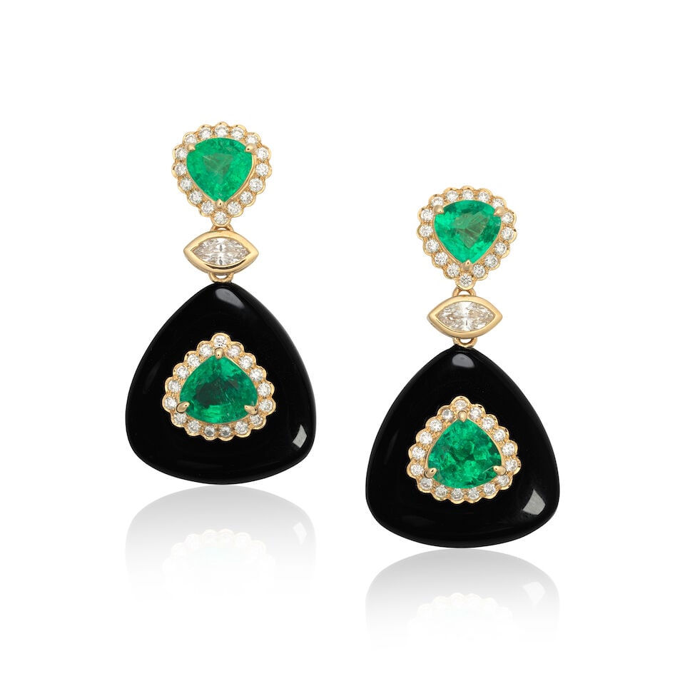EMERALD, DIAMOND AND ONYX EARRINGS: EMERALD, DIAMOND AND ONYX EARRINGS Fancy-cut emeralds Brilliant and marquise-cut diamonds approx. 0.40ct total 14 carat gold UK hallmarks Length 3.0cm Weight approx. 6.5g Footnotes: OVERALL