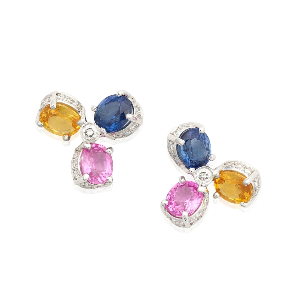 SAPPHIRE AND DIAMOND EARRINGS: SAPPHIRE AND DIAMOND EARRINGS Oval-cut vari-coloured sapphires Brilliant-cut diamonds Plaque length 1.4cm Weight approx. 6.0g Footnotes: OVERALL CONDITION Very light surface wear to unhallmarked