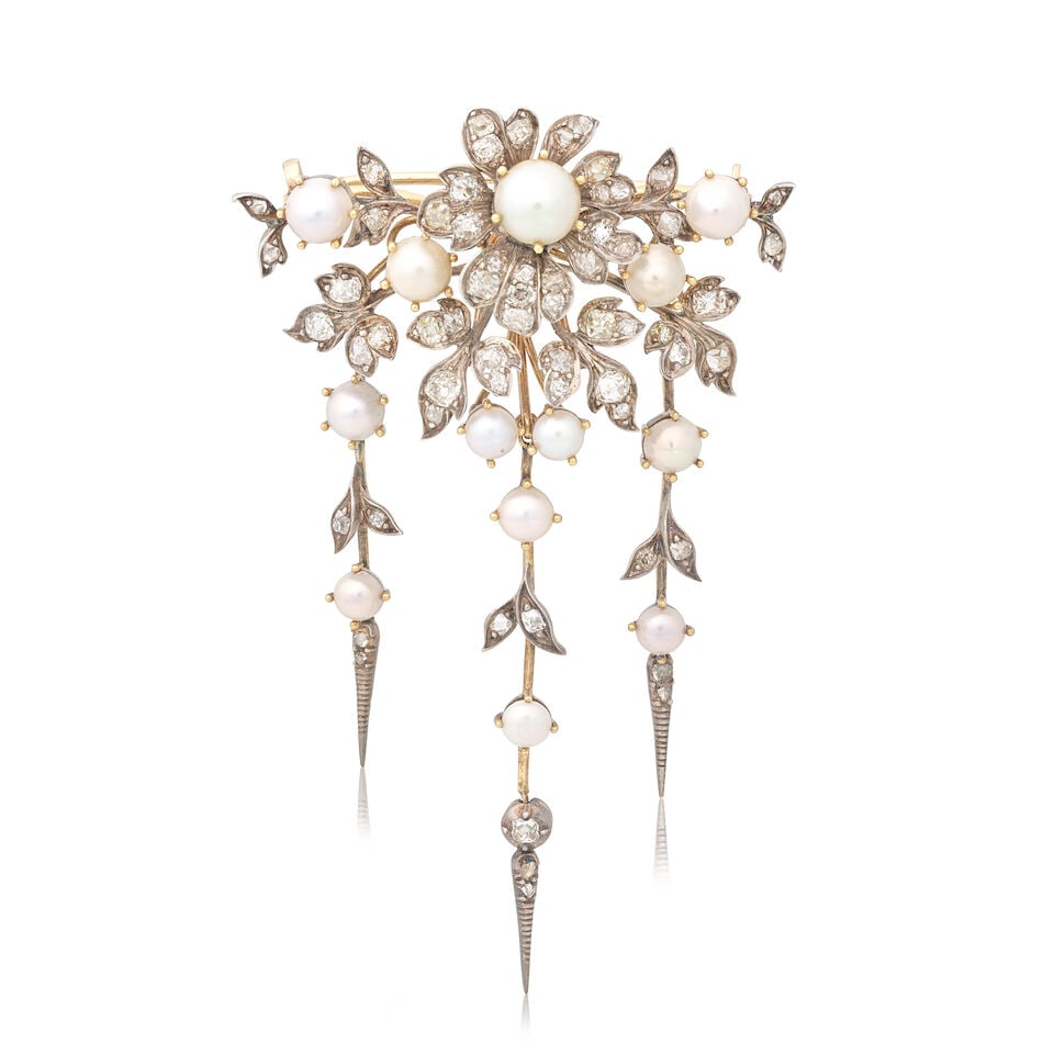 PEARL AND DIAMOND TRIPLE DROP BROOCH, CIRCA 1880: PEARL AND DIAMOND TRIPLE DROP BROOCH, CIRCA 1880 Half pearls (untested) Old brilliant, single and rose-cut very diamonds approx. 1.35cts total Mounted in silver and gold Length 8.1cm Cased by Bert & C