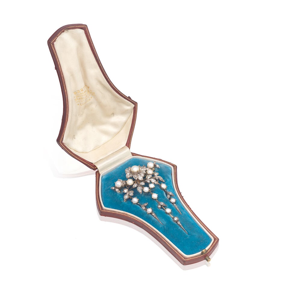 PEARL AND DIAMOND TRIPLE DROP BROOCH, CIRCA 1880 - 2