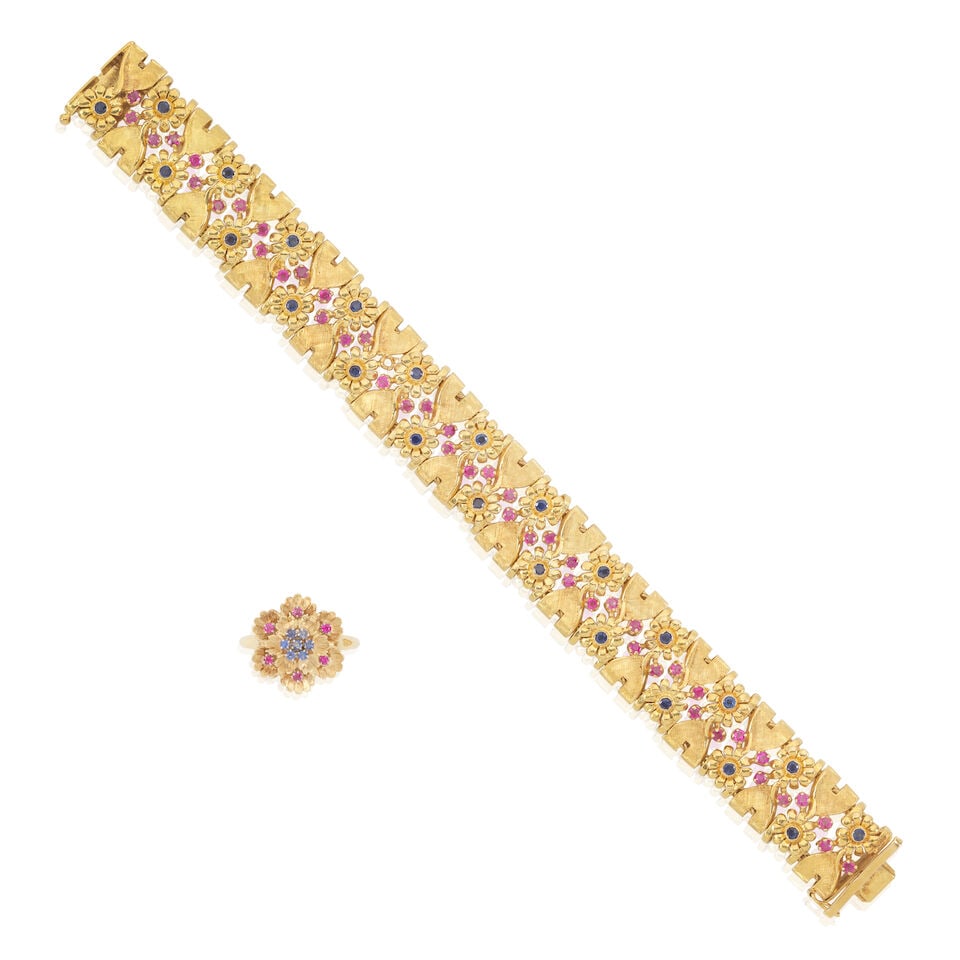 SAPPHIRE AND RUBY FLORAL BRACELET AND RING: SAPPHIRE AND RUBY FLORAL BRACELET AND RING 1st: Bracelet Circular-cut sapphires Circular-cut rubies Maker's mark for Unoaerre Length 19.5cm, width 1.6cm Weight approx. 51.0g 2nd: Ring Circular-cut