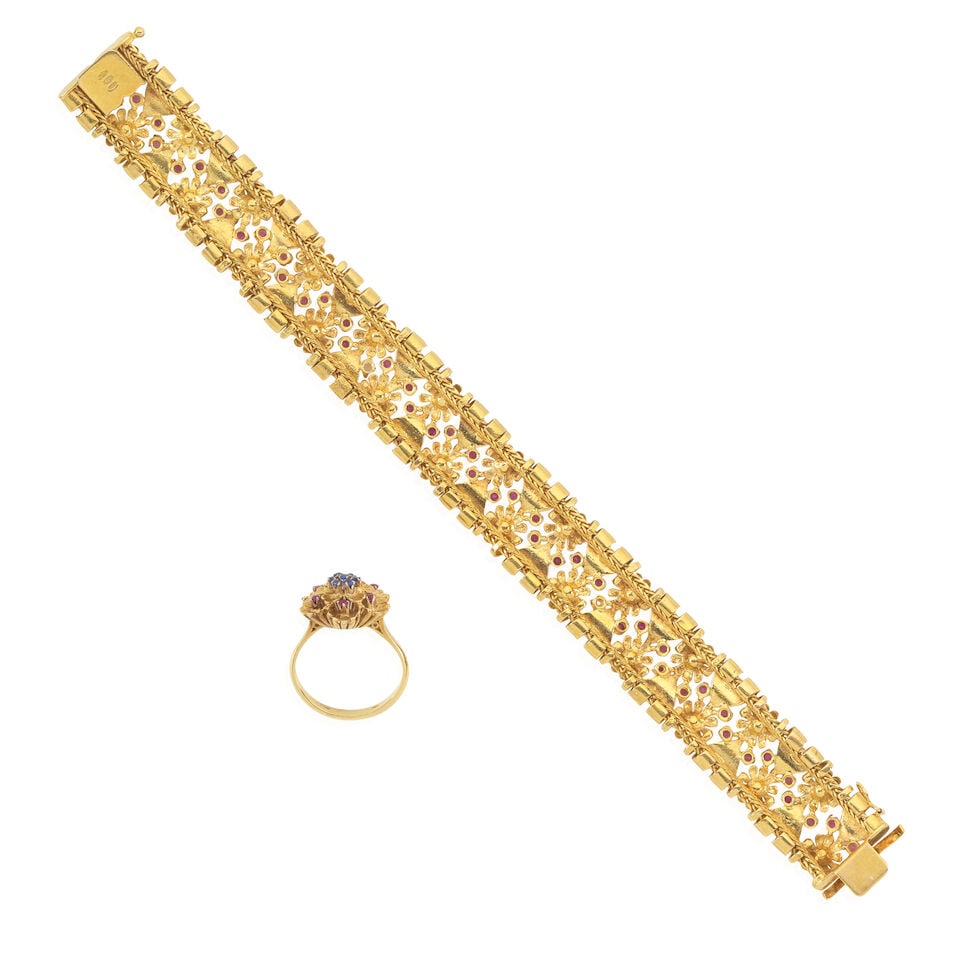 SAPPHIRE AND RUBY FLORAL BRACELET AND RING - 2