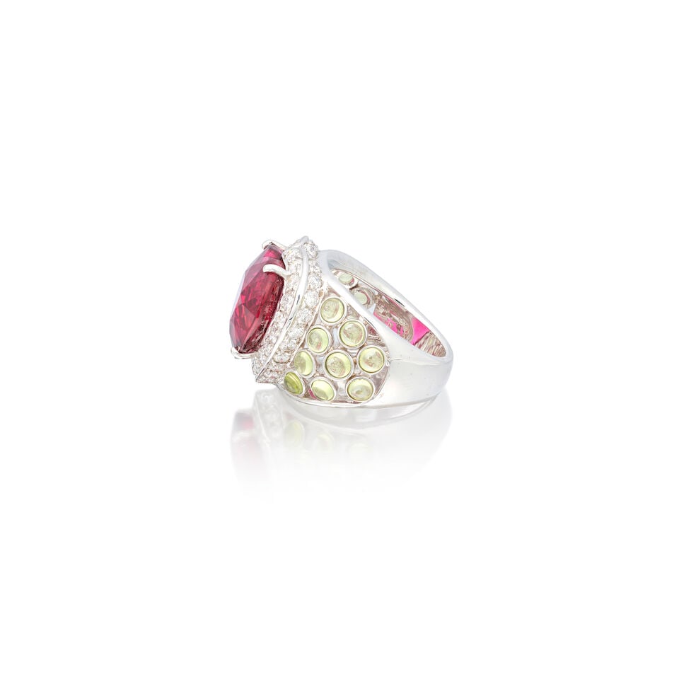 TOURMALINE, PERIDOT AND DIAMOND RING - 3