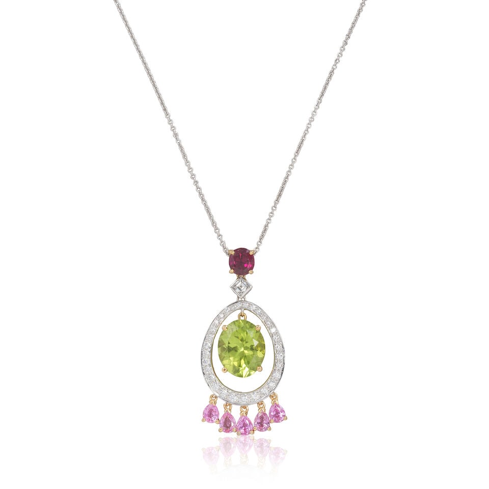 PERIDOT, RUBY, PINK SAPPHIRE AND DIAMOND PENDANT/NECKLACE: PERIDOT, RUBY, PINK SAPPHIRE AND DIAMOND PENDANT/NECKLACE Oval-cut peridot Circular-cut ruby Pear-cut pink sapphires Brilliant and step-cut diamonds approx. 0.40ct total Pendant length 3.3cm,