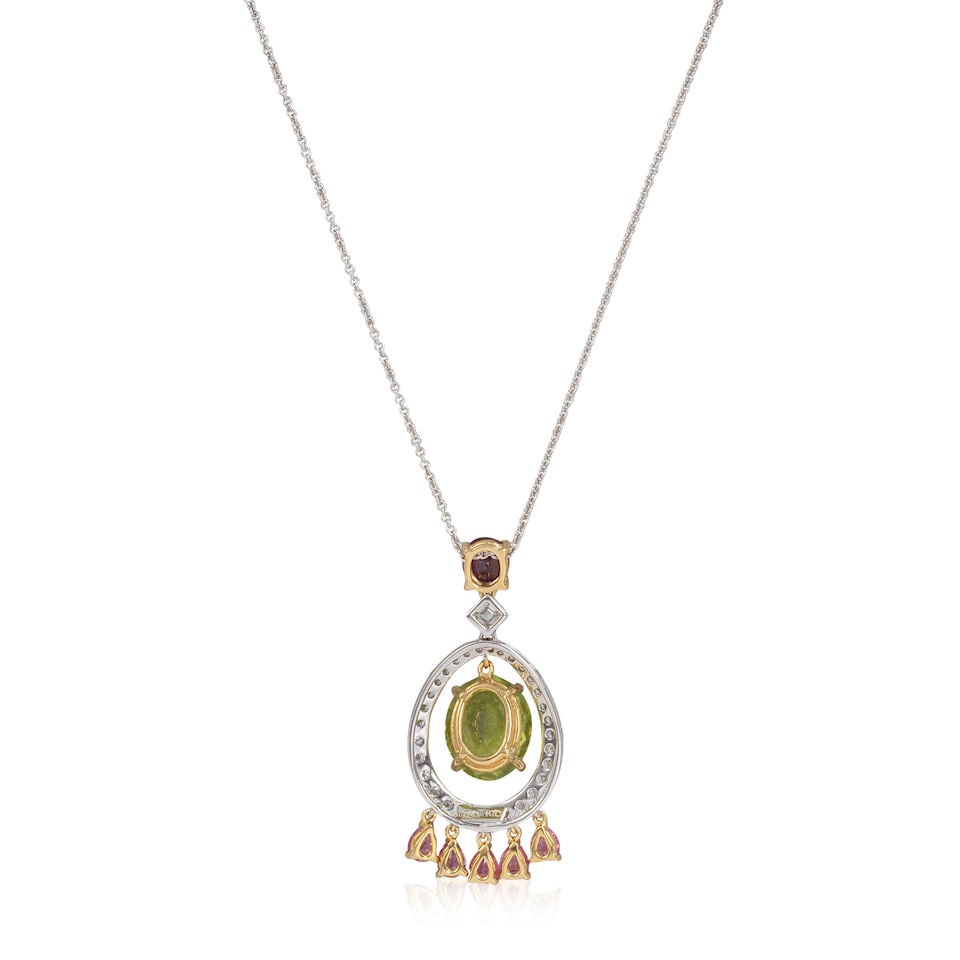PERIDOT, RUBY, PINK SAPPHIRE AND DIAMOND PENDANT/NECKLACE - 2