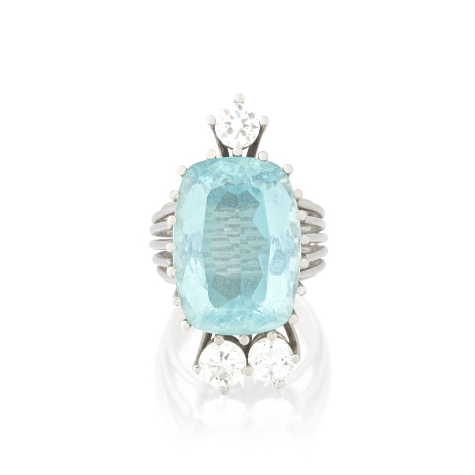 AQUAMARINE AND DIAMOND DRESS RING - 4