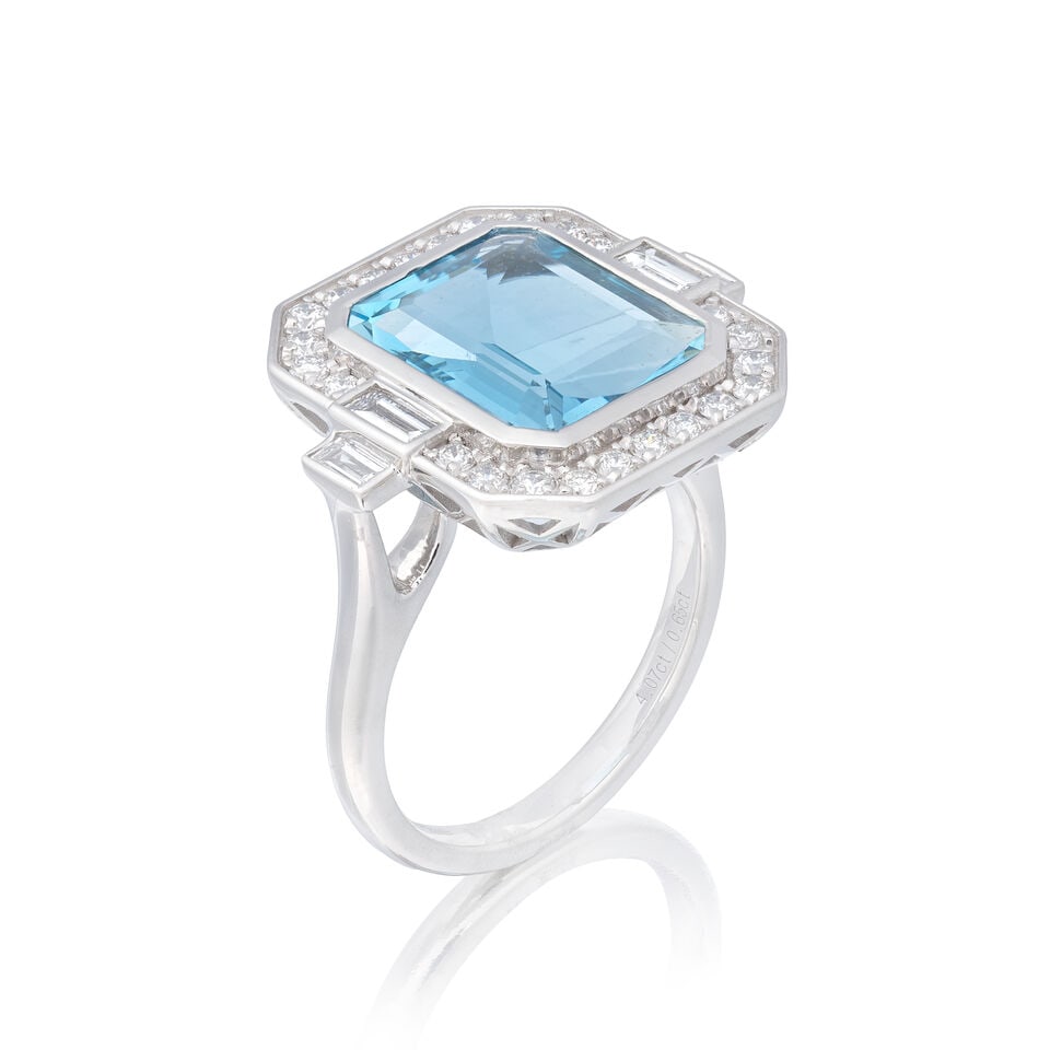 AQUAMARINE AND DIAMOND RING: AQUAMARINE AND DIAMOND RING Octagonal step-cut aquamarine Brilliant and baguette-cut diamonds approx. 0.50ct total Ring size approx. L Weight approx. 10.0g Footnotes: Please note that this lot has VAT