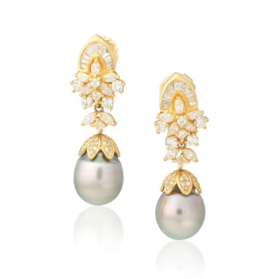 DIAMOND AND CULTURED PEARL PENDENT EARRINGS (1 of 2)