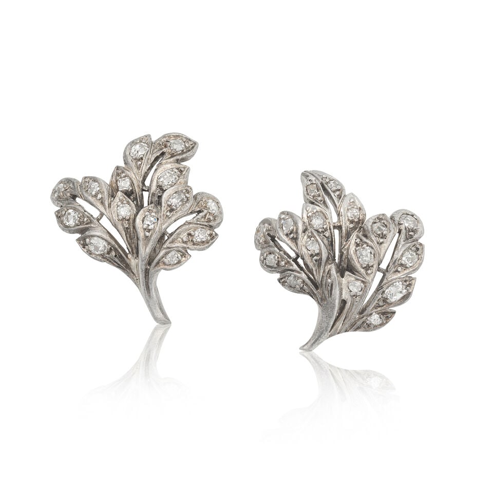 DIAMOND-SET LEAF EARRINGS: DIAMOND-SET LEAF EARRINGS Old brilliant, single and rose-cut diamonds very approx. 1.00ct total Length 2.5cm Weight approx. 10.5g Footnotes: OVERALL CONDITION Some surface wear to unhallmarked white
