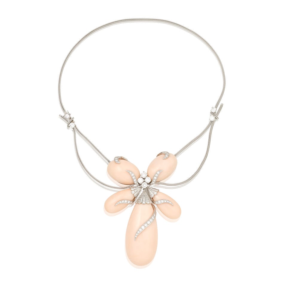 CORAL AND DIAMOND NECKLACE: CORAL AND DIAMOND NECKLACE Carved coral corallium rubrum Brilliant and single-cut diamonds approx. 3.20cts total Pendant length 8.5cm, necklace length 37.0cm Weight approx. 78.0g Footnotes: Subject