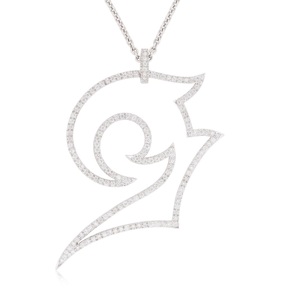 STEPHEN WEBSTER: DIAMOND-SET PENDANT/NECKLACE, 2003: STEPHEN WEBSTER: DIAMOND-SET PENDANT/NECKLACE, 2003 Brilliant-cut diamonds approx. 1.60cts total 18 carat gold London hallmarks, maker's mark Pendant length 8.0cm, necklace length 43.0cm Weight