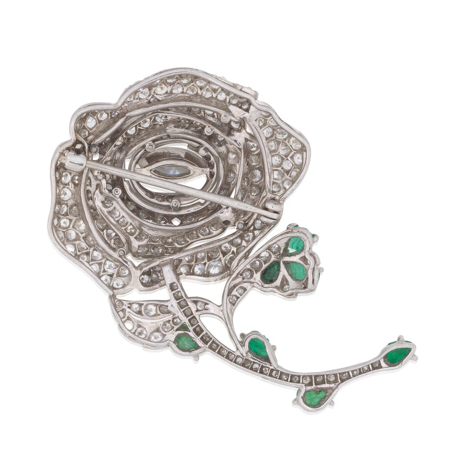 DIAMOND AND EMERALD FLOWER BROOCH - 2