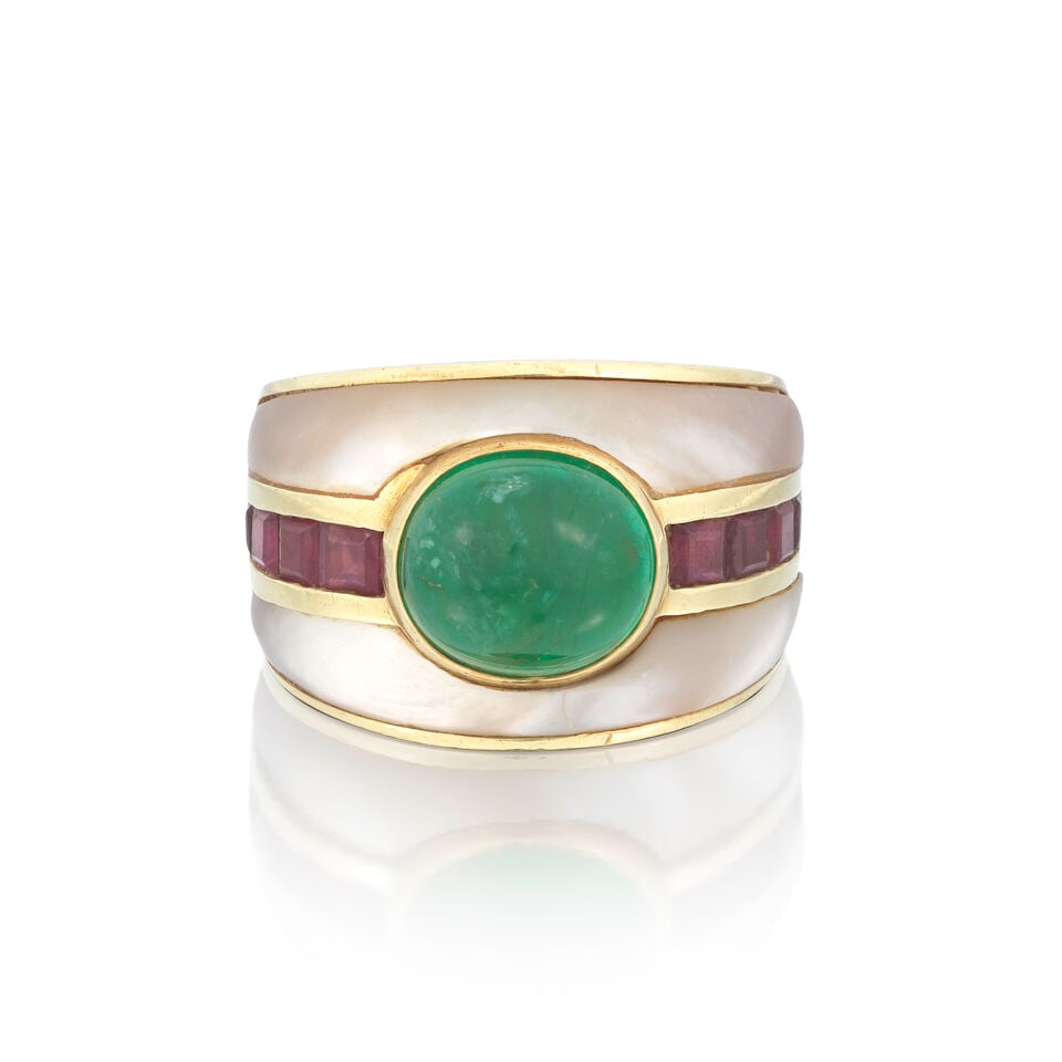 EMERALD, RUBY AND MOTHER-OF-PEARL RING - 4