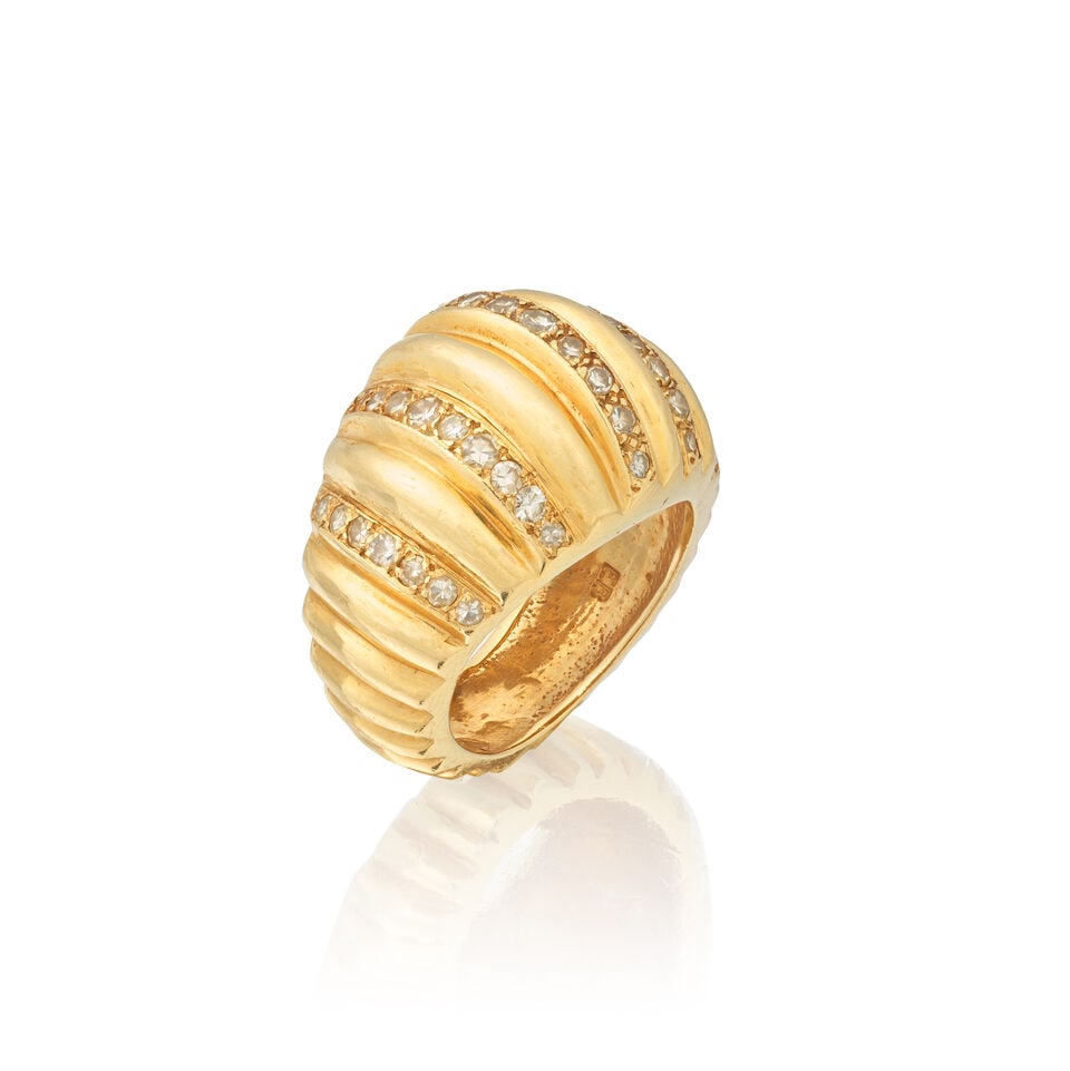 DIAMOND-SET BOMBÉ RING: DIAMOND-SET BOMBÉ RING Single-cut diamonds approx. 0.50ct total Ring size approx. M (leading edge), width 1.6cm Weight approx. 13.0g Footnotes: Property from a Private Collection OVERALL