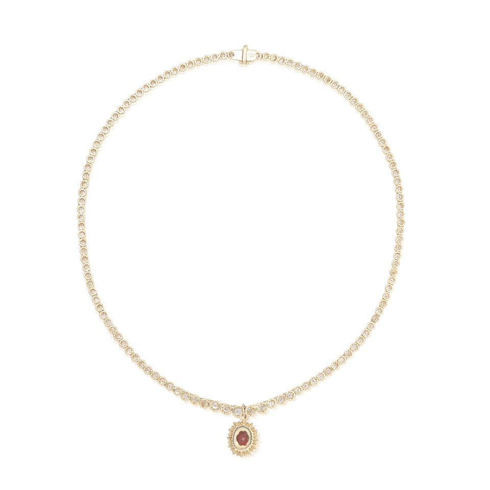 DIAMOND AND GARNET-SET NECKLACE: DIAMOND AND GARNET-SET NECKLACE Brilliant-cut diamonds approx. 5.00cts total Oval-cut garnet Pendant length 2.0cm (including bale), necklace length 43.0cm Weight approx. 23.5g Footnotes: OVERALL