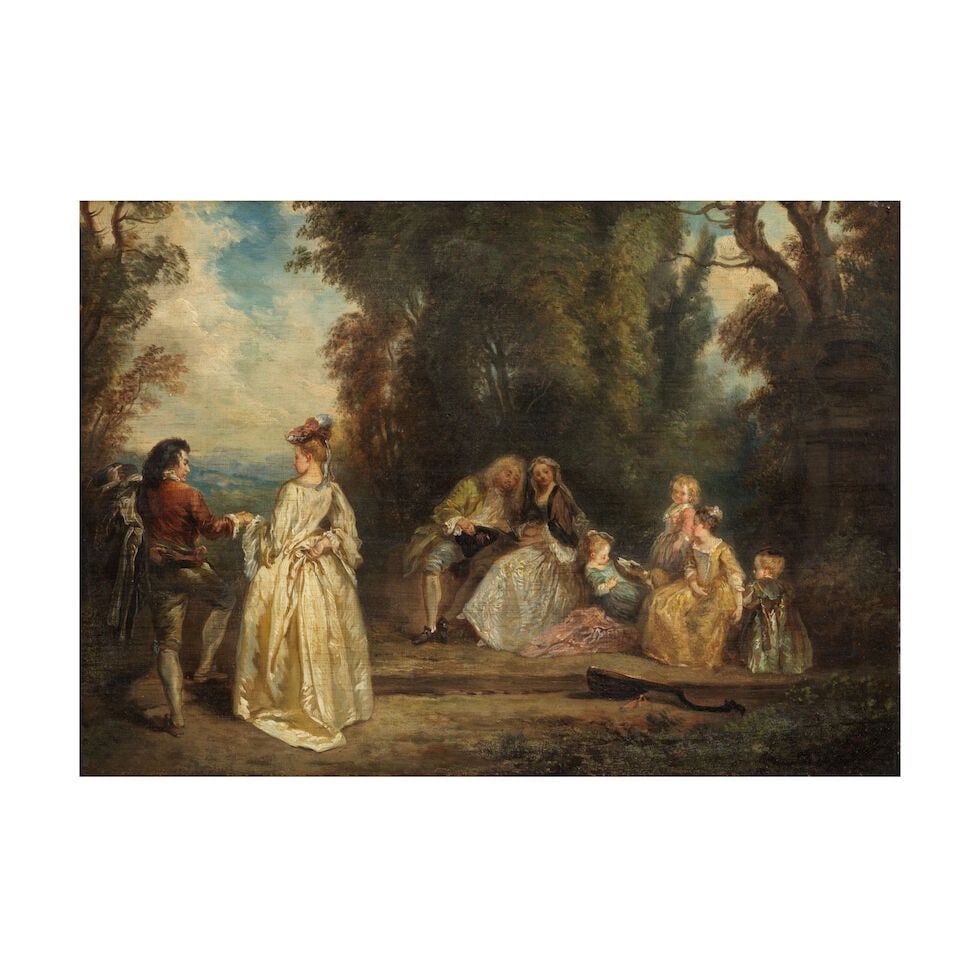 Entourage de Jean-Baptiste Pater (Valenciennes 1695-1736 Paris) Scène galante avec Louis XV: Entourage de Jean-Baptiste Pater (Valenciennes 1695-1736 Paris) Scène galante avec Louis XV huile sur panneau oil on panel 23 x 34cm (9 1/16 x 13 3/8in). Footnotes: Provenance Private