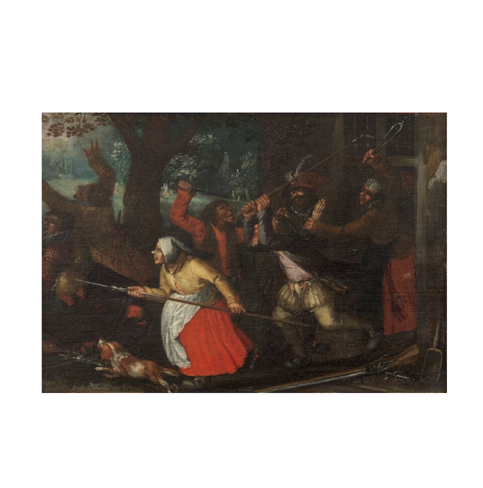 Suiveur de David Vinckboons (1576-1629) L'infortune des paysans: Suiveur de David Vinckboons (1576-1629) L'infortune des paysans huile sur panneau oil on panel 25.2 x 34.3cm (9 15/16 x 13 1/2in). Footnotes: Provenance Private collection, Belgium The painting's subj