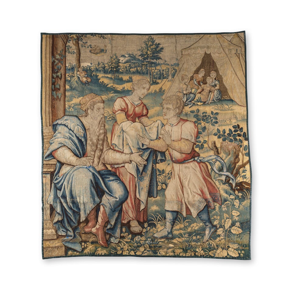 Tapisserie flamande à sujet biblique, XVIIe siècle, représentant une scène ...: Tapisserie flamande à sujet biblique, XVIIe siècle, représentant une scène de l'histoire d'Abraham A Flemish biblical tapestry, depicting a scene of the history of Abraham, 17th