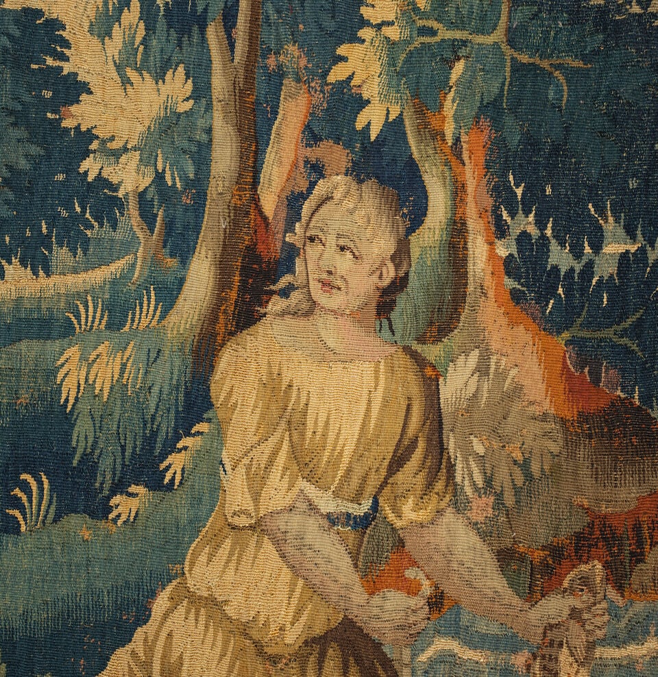 Fragment de tapisserie figurant un jeune pécheur, Aubusson XVIIIeFragment of tapestry depic... - 2