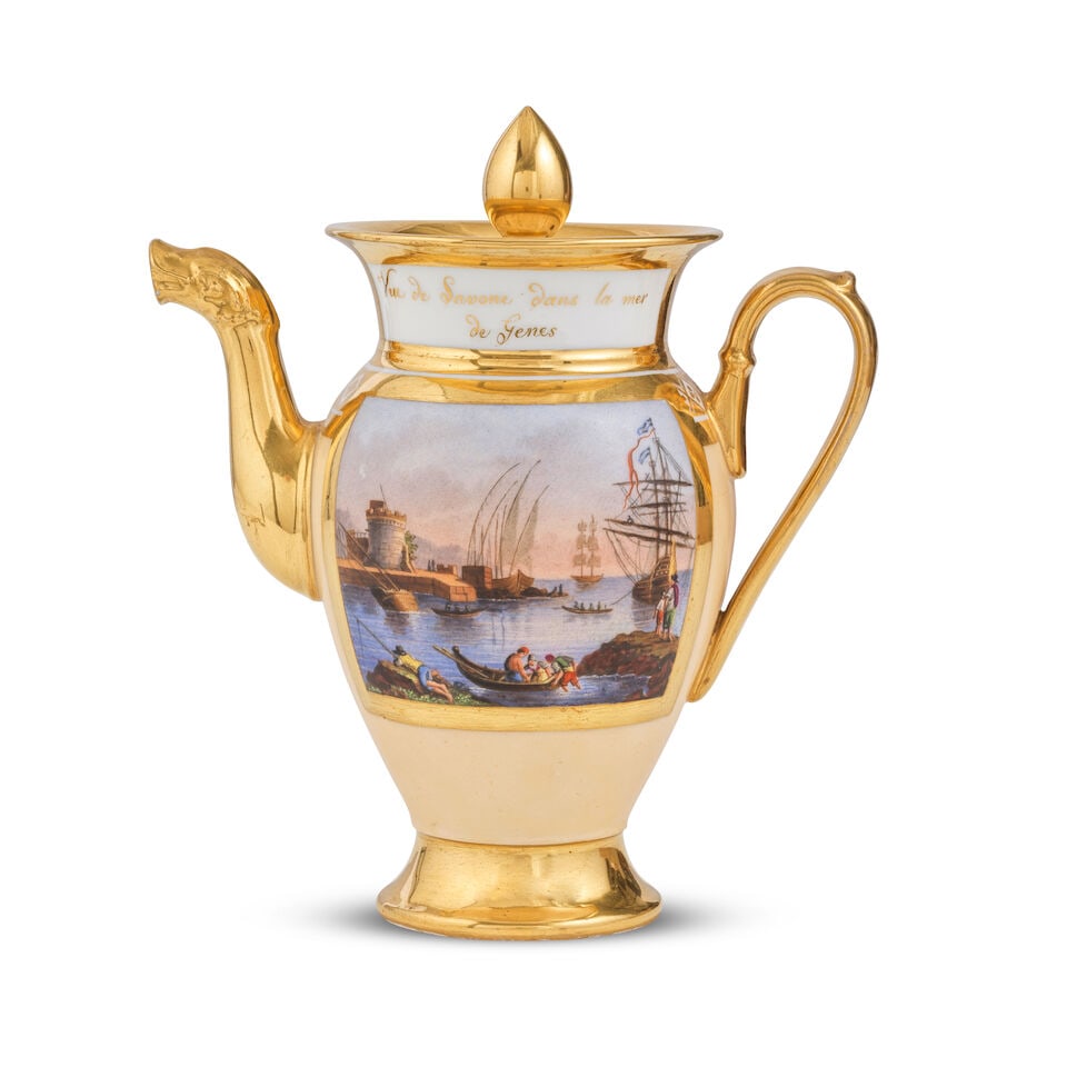 Cafetière et couvercle à décor topographique en porcelaine de Paris (Poulard Prad...: Cafetière et couvercle à décor topographique en porcelaine de Paris (Poulard Prad), XIXe siècle A topographical Paris (Poulard Prad) porcelain coffee pot and cover, 19th
