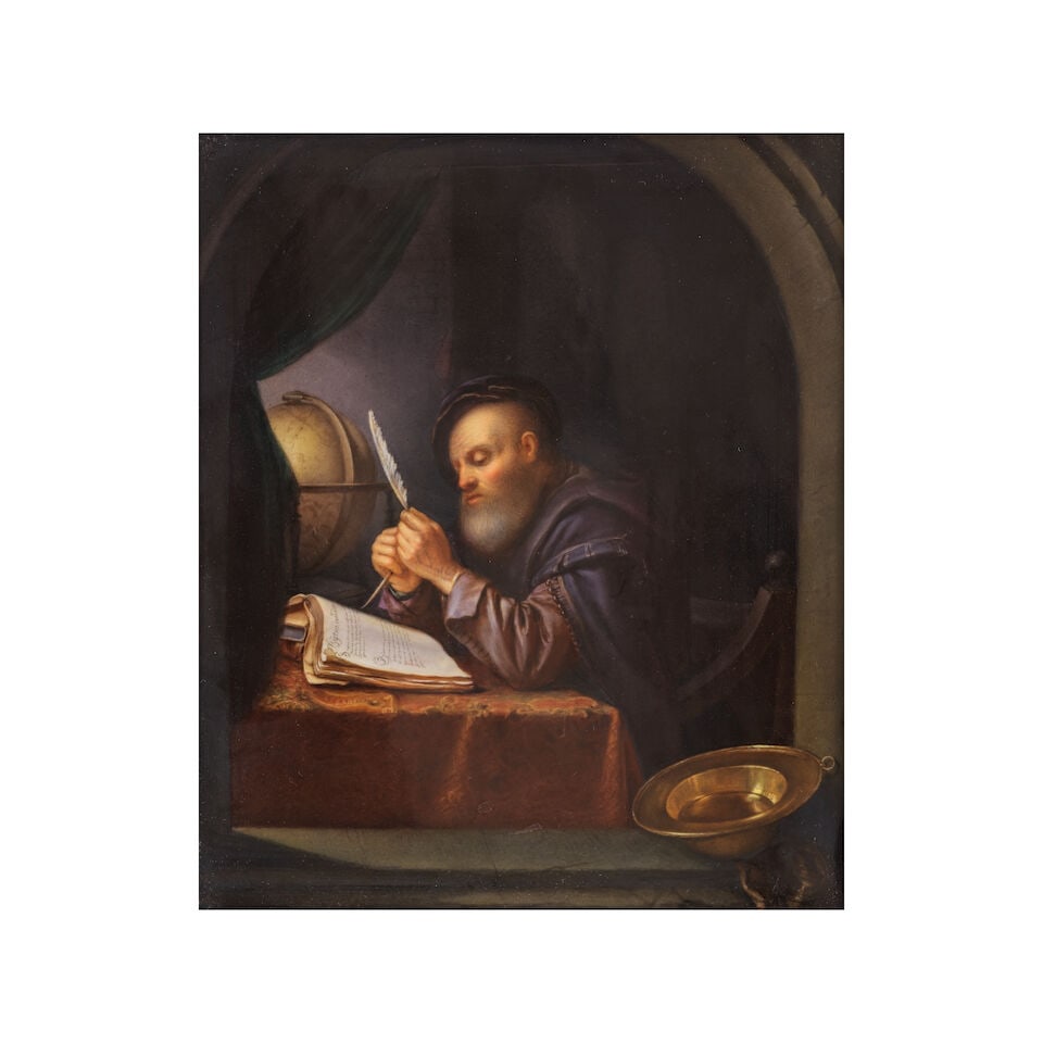 Plaque encadrée en porcelaine de Berlin (KPM), vers 1825 A framed Berlin (KPM) plaque, circ...: Plaque encadrée en porcelaine de Berlin (KPM), vers 1825 A framed Berlin (KPM) plaque, circa 1825 After the painting by Frans van Mieris, showing an older bearded man in Renaissance clothing