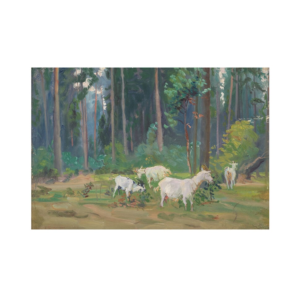 Boris Vladimirsky (Ukrainian, 1898-1950) Chèvres dans la forêt: Boris Vladimirsky (Ukrainian, 1898-1950) Chèvres dans la forêt signé en cyrillique (en bas à gauche) huile sur carton signed in cyrillic (lower left) oil on board 28.5 x 41cm