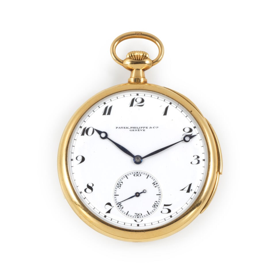 Patek Philippe. A fine and rare 18K gold keyless wind open face minute repeating pocket watch Pa... (1 of 3)