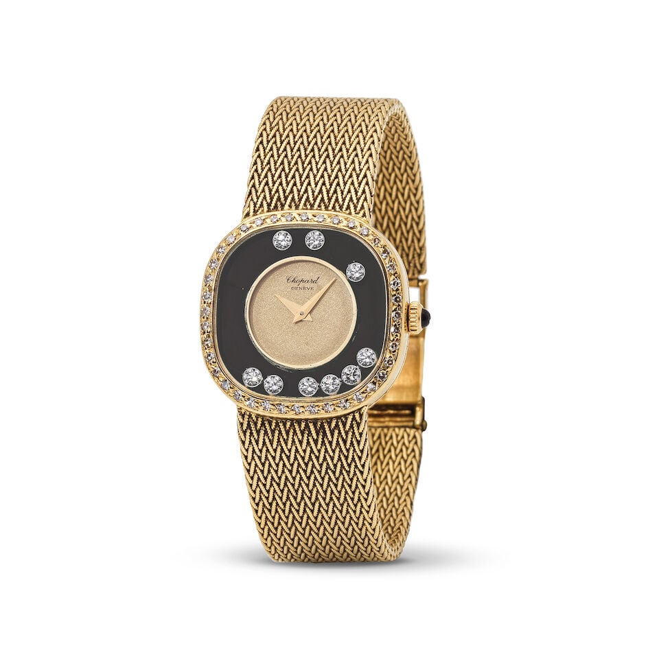 Chopard. A fine lady's 18K gold manual wind bracelet watch with onyx dial and diamond set bezel ... (1 of 1)