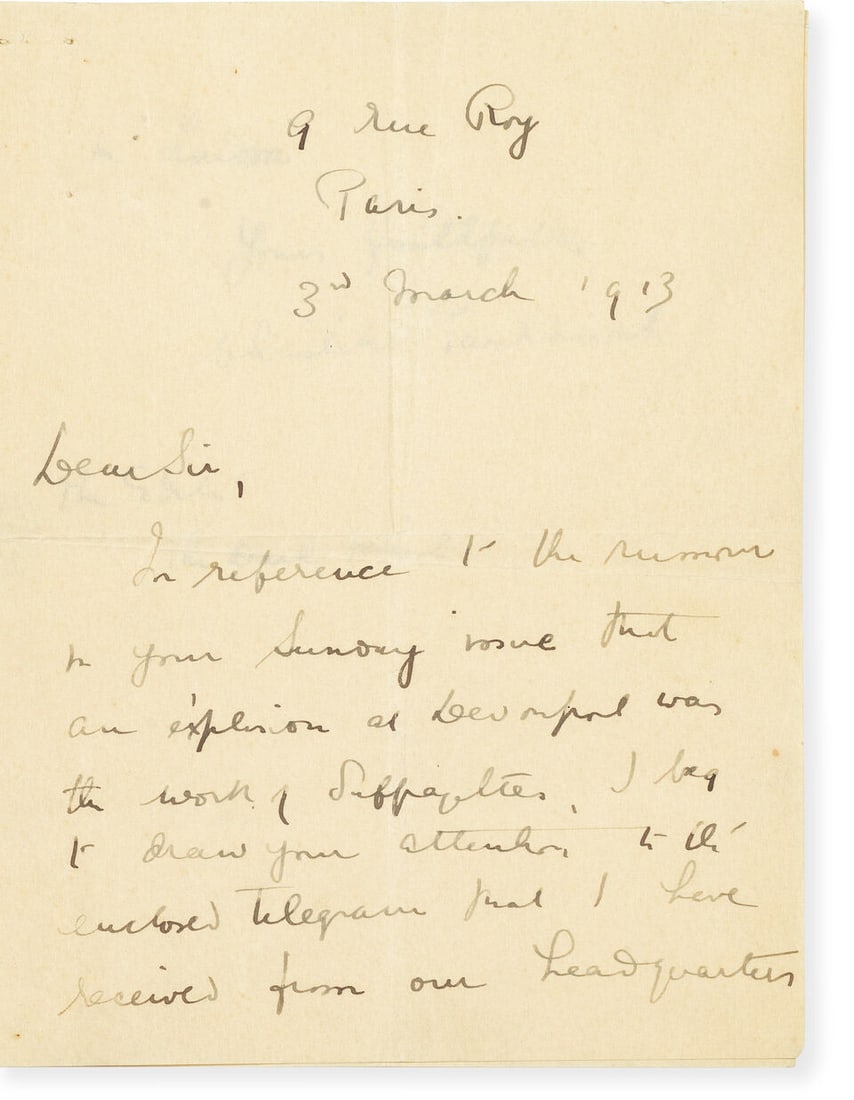 PANKHURST (CHRISTABEL) Autograph letter signed to the Editor of the Daily Mail, 1913, with teleg...: PANKHURST (CHRISTABEL) Autograph letter signed ('Christabel Pankhurst') to the Editor of the Daily Mail, refuting the '...rumour in your Sunday issue that an explosion at Devonport was the work of Suf