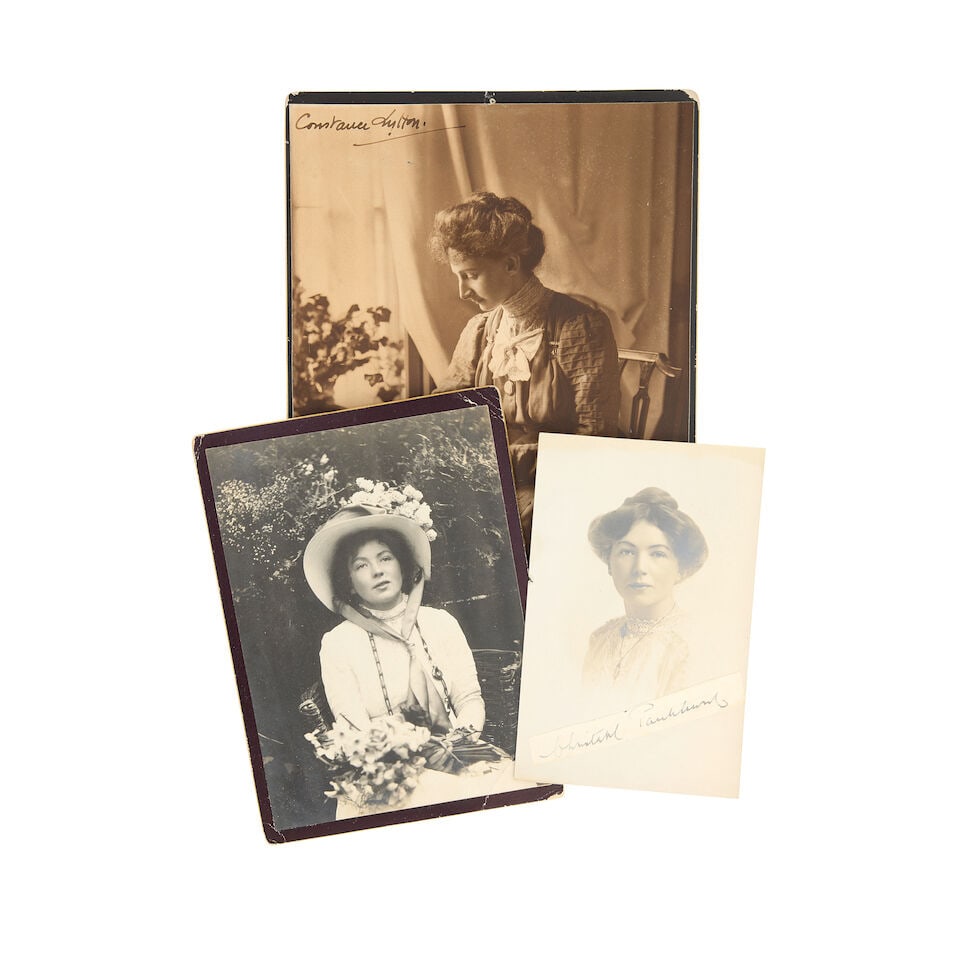 PANKHURST (CHRISTABEL) & WSPU Group of five portrait photographs, four signed (5): PANKHURST (CHRISTABEL) AND THE WSPU Group of five portrait photographs, four signed, comprising head-and-shoulders portrait postcard of Christabel Pankhurst with cut signature ('Christabel Pankhurst')