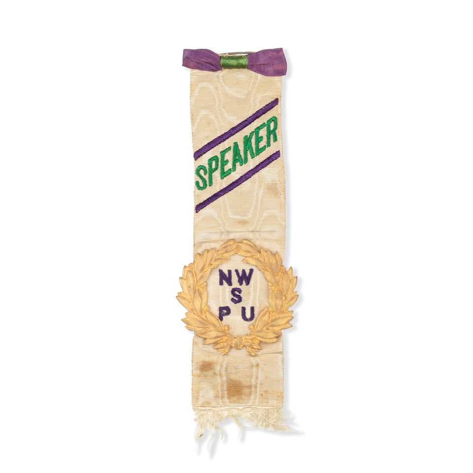 SUFFRAGETTE INSIGNIA - SPEAKER Speaker's ribbon, produced for the Great Women's Sunday Demonstra...: SUFFRAGETTE INSIGNIA - SPEAKER Speaker's ribbon, produced for the Great Women's Sunday Demonstration in Hyde Park, 21 June 1908, woven in purple, green and white with the word 'Speaker' and the letter