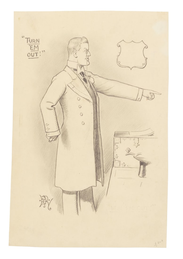 'PANKO' - ORIGINAL DRAWING by E.T. Reed (Winston Churchill), with playing card (2): 'PANKO' - ORIGINAL DRAWING Original drawing by E.T. Reed, for the suffragette card game 'Panko', depicting an M.P. (commonly identified as Winston Churchill) next to a despatch box, with the title 'Tu