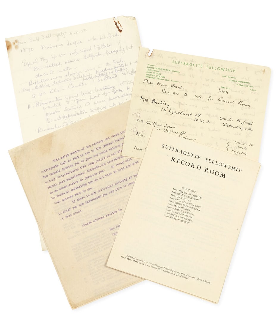 SUFFRAGETTE FELLOWSHIP Group of papers relating to the work of the Suffragette Fellowship: SUFFRAGETTE FELLOWSHIP Group of papers relating to the work of the Suffragette Fellowship, the archivists of the movement, including: i) Manuscript notes by Elvira 'Vera' Laughton Matthews (1888-1959)
