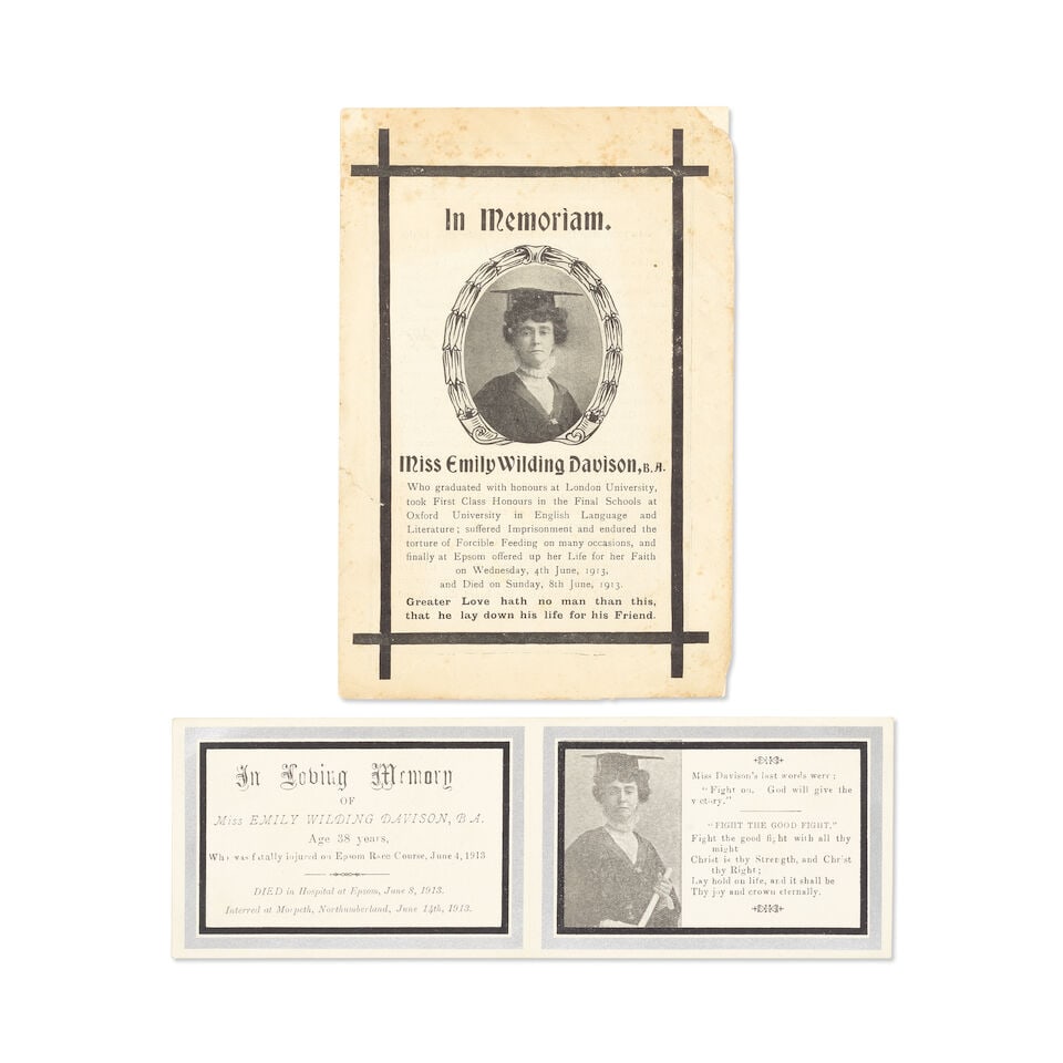 DAVISON (EMILY WILDING) In Memoriam. Programme with memorial card (2): DAVISON (EMILY WILDING) In Memoriam. Miss Emily Wilding Davison, B.A., programme for Emily Wilding Davison's memorial service, St. George's Church, Bloomsbury, 14 June [1913] at 4pm, 4 pages on a bifo