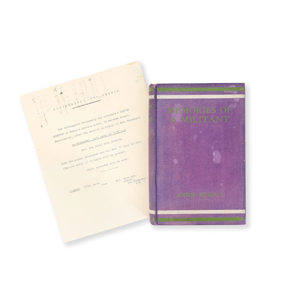 KENNEY (ANNIE) Memories of a Militant, FIRST EDITION, Edward Arnold, 1924; with a typed flyer lo...: KENNEY (ANNIE) Memories of a Militant, FIRST EDITION, 8 plates, publisher's prospectus loosely inserted, light spotting, publisher's purple cloth with white and green lettering and decoration, faint