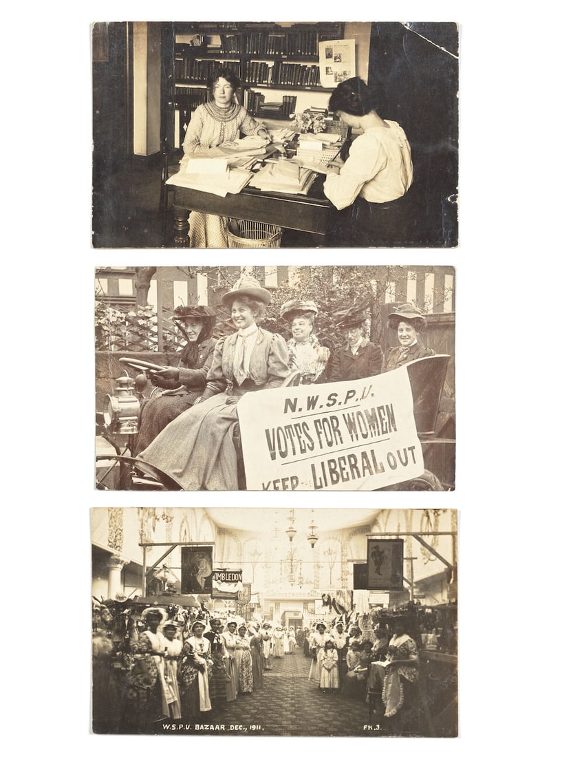 POSTCARDS - CAMPAIGNING Collection of 40 photographic postcards and RPPCs depicting campaigning ...: POSTCARDS - CAMPAIGNING Collection of 40 photographic postcards and RPPCs depicting campaigning and WSPU groups, including Christabel Pankhurst at her desk in the WSPU office, Annie Kenney and Helen F