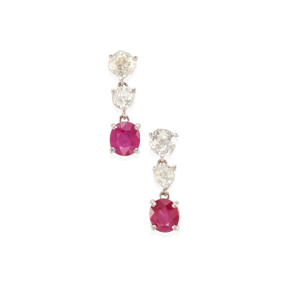 PAIR OF 18K GOLD, DIAMOND AND RUBY EARRINGS WITH GIA REPORTS: PAIR OF 18K GOLD, DIAMOND AND RUBY EARRINGS WITH GIA REPORTS • 18k white gold • 4 old mine cut diamonds weighing approximately 1.30 - 1.45 carat total • 2 oval rubies weighing