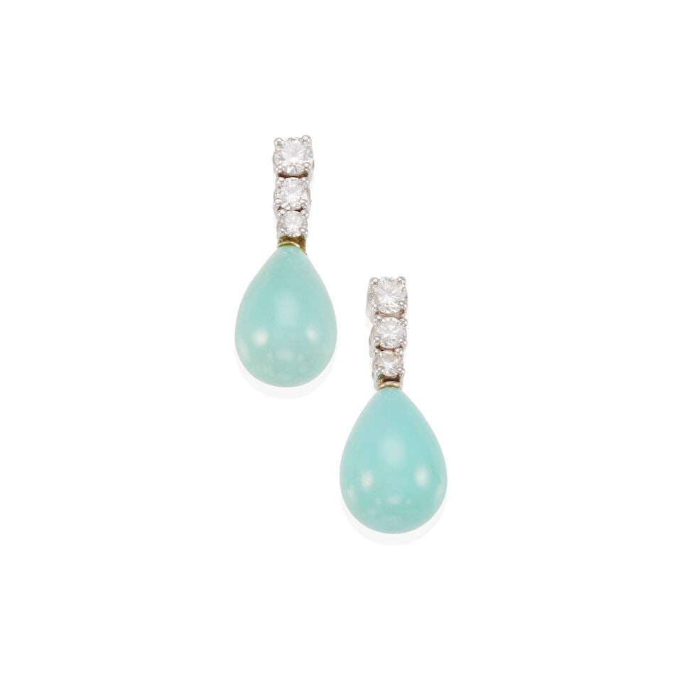 PAIR OF 18K GOLD, DIAMOND AND TURQUIOSE DROP EARRINGS: PAIR OF 18K GOLD, DIAMOND AND TURQUIOSE DROP EARRINGS • 18k white gold • 6 round diamonds weighing approximately 0.55 - 0.65 carats total • 2 turquoise drops, 8.80 mm • With
