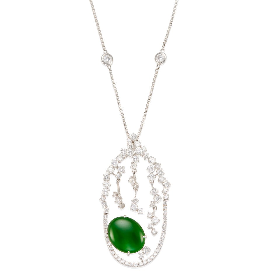 18K GOLD, JADE AND DIAMOND PENDANT AND CHAIN NECKLACE: 18K GOLD, JADE AND DIAMOND PENDANT AND CHAIN NECKLACE • 18k white gold • Numerous round diamonds weighing approximately 2.35 - 2.45 carats total • 1 oval cabochon jade 14.20 x 11.80