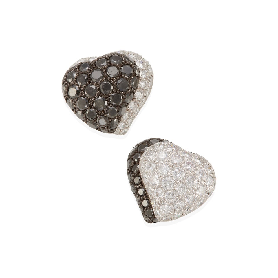 PAIR OF 18K GOLD AND DIAMOND EARRINGS: PAIR OF 18K GOLD AND DIAMOND EARRINGS • 18k white and black gold • Numerous round diamonds weighing approximately 5.50 - 5.60 carats total • Numerous round black diamonds weighing