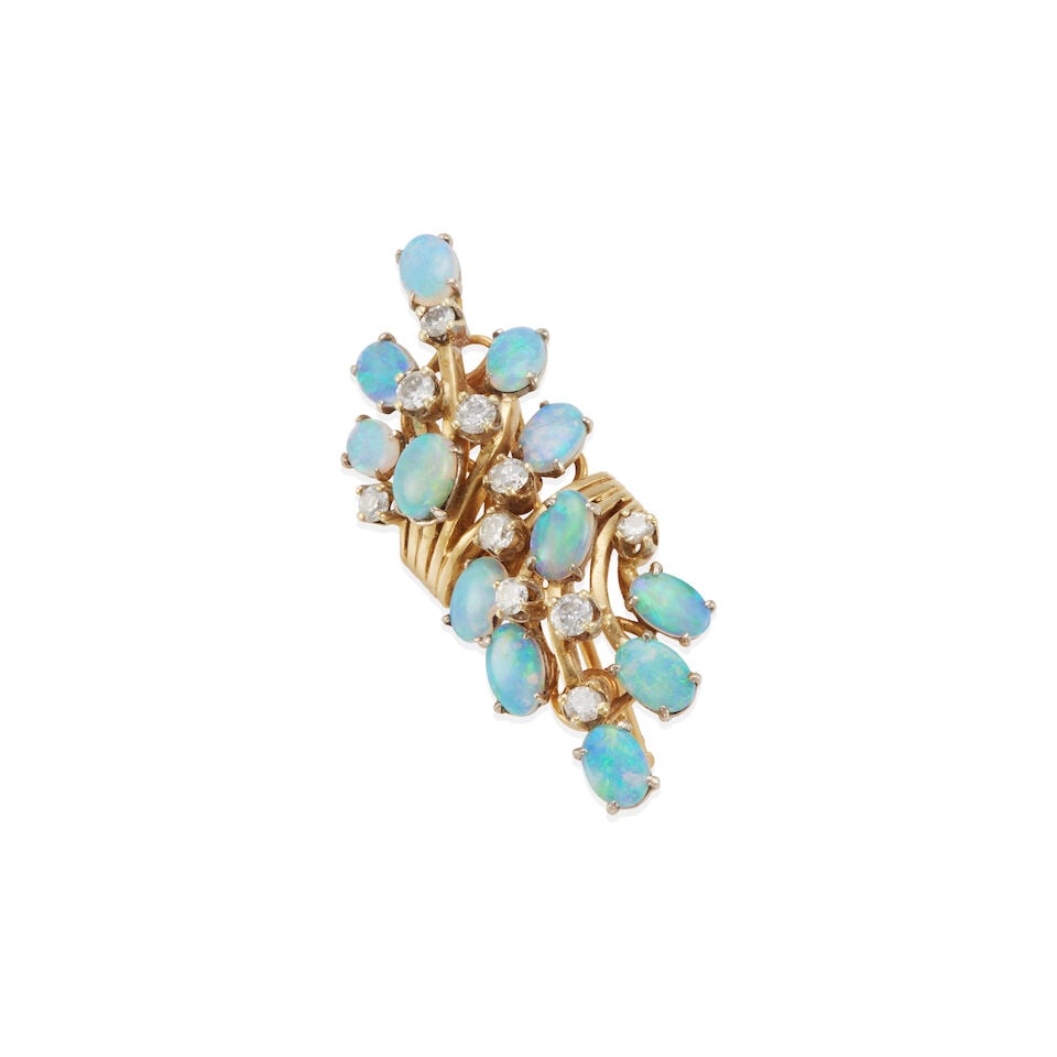 14K GOLD, OPAL AND DIAMOND BROOCH (1 of 2)