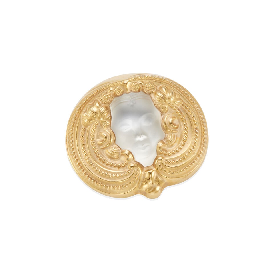 LALIQUE: GOLD GILT METAL AND CRYSTAL 'MASQUE DE FEMME' BROOCH (1 of 2)